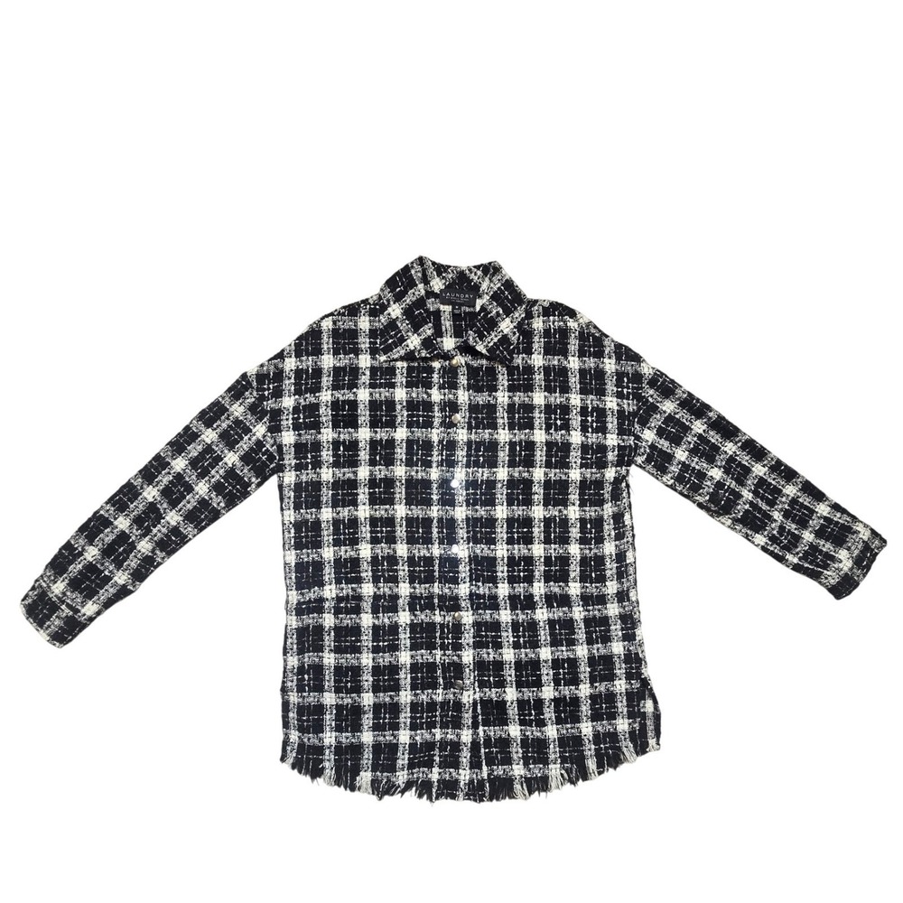 Laundry by Shelli Segal Tweed Jacket Womens Medium Plaid Snap Front Black White